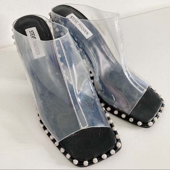 Steve Madden Neila Rhinestone Detail Clear Block Heel Dress Mules - Picture 11 of 13